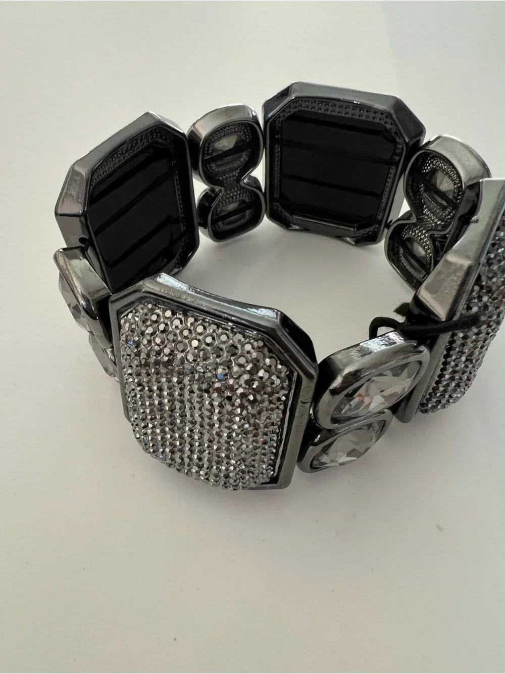 Chunky Geometric Gunmetal & Silver Rhinestone Statement Stretch Bracelet